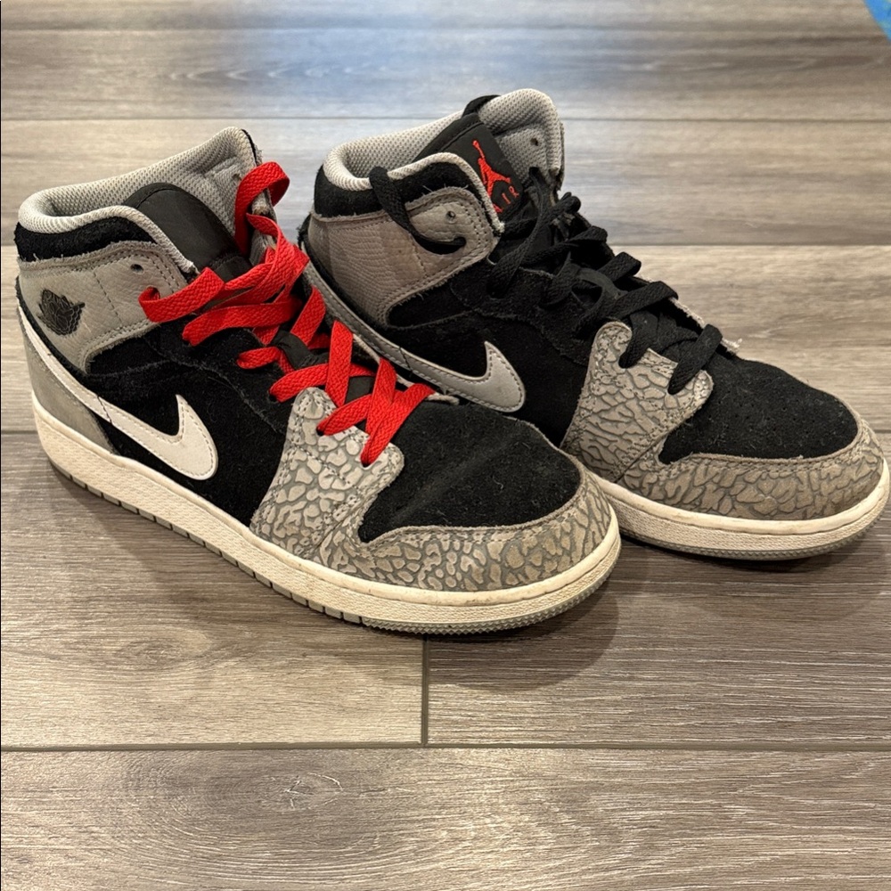 Jordan 1 Mid Kids Sneakers in Red, Black, and Gray
